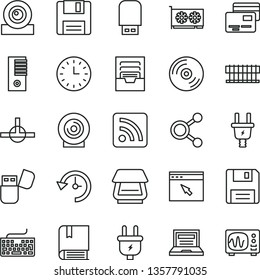 thin line vector icon set - laptop vector, keyboard, rss feed, archive, e, CD, cards, lens, plug, electric, connections, wall watch, radiator fan, pc tower, gpu card, web camera, scanner, usb flash