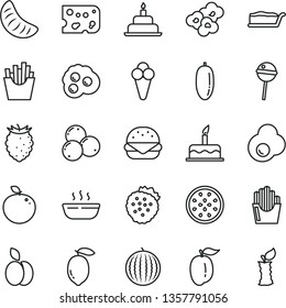 thin line vector icon set - cake vector, birthday, piece of cheese, big burger, slice, hot porridge, Chupa Chups, French fries, fried potato slices, popcorn, cone, egg, omelette, strawberries, apple