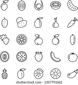 thin line vector icon set - carrot vector, strawberries, a pineapple, peach, grape, quince, tasty raspberry, blueberry, mulberry, melon, slice of, loquat, half, date fruit, tangerine, ripe plum