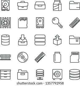 thin line vector icon set - folder vector, bookmark, storage unit, key, CD, big data server, suitcase, put in a box, drawer, strongbox, package, unpacking, barrel, jar, radiator fan, memory, hdd