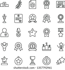thin line vector icon set - star vector, pedestal, medal, patente, winner, laurel branch, cup, gold, reward, man with, pennant, first place, ribbon, hero, certificate, three stars