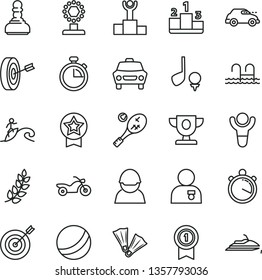 thin line vector icon set - stopwatch vector, bath ball, car, pedestal, racer, retro, winner, laurel branch, podium, prize, cup, pawn, man with medal, target, purpose, pennant, star, motorcycle