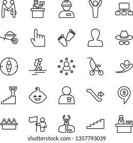 thin line vector icon set - woman vector, hat with glasses, summer stroller, funny hairdo, children's tracks, workman, garden trolley, index finger, court hearing, goal, scheme, scientist, stairway