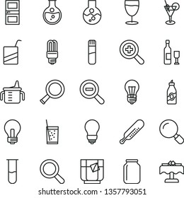 thin line vector icon set - incandescent lamp vector, magnifier, zoom, out, measuring cup for feeding, mercury thermometer, e, bulb, interroom door, a glass of soda, tea, liquor, round flask, light