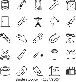 thin line vector icon set - scissors vector, clip, safety pin, open, iron fork spoons, crane, adjustable wrench, hand saw, arm, ntrance door, knife, stationery, hammer, canned goods, tin, valve, gas