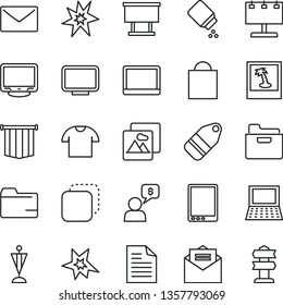 thin line vector icon set - paper bag vector, scribbled, folder, baby powder, envelope, received letter, picture, T shirt, label, copy, billboard with illumination, tablet pc, notebook, monitor