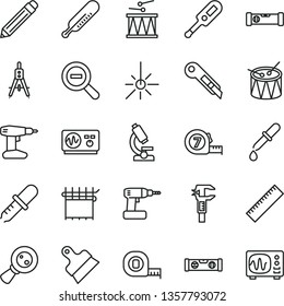 thin line vector icon set - graphite pencil vector, yardstick, zoom out, electronic thermometer e, mercury, drumroll, drum, cordless drill, measuring tape, long meashuring, construction level