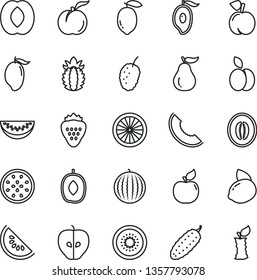 thin line vector icon set - cucumber vector, strawberry, apple, peach, ripe, apricot, tasty, mulberry, water melon, slice of, mango, half, delicious plum, lemon, yellow, kiwi, passion fruit, orange