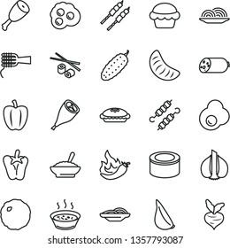 thin line vector icon set - sausage vector, canned goods, onion, slices of, noodles, cake, pie, a bowl buckwheat porridge, in saucepan, chicken thigh, grill leg, barbecue, meat on skewers, cabbage