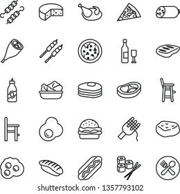 thin line vector icon set - a chair for feeding vector, child, sausage, cheese, pizza, piece of, Hot Dog, burger, spaghetti, lettuce in plate, chicken, grill leg, bacon, chop, barbecue, sushi set