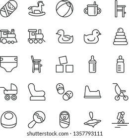 thin line vector icon set - mug for feeding vector, bottle, measuring, diaper, baby bib, beanbag, chair, carriage, summer stroller, rubber duck, duckling, bath ball, stacking rings, roly poly doll