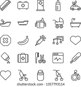 thin line vector icon set - heart symbol vector, mark of injury, toys over the cot, measuring cup for feeding, bottle, powder, baby, carriage, summer stroller, sitting, mercury thermometer, bath
