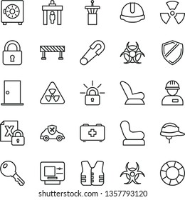 thin line vector icon set - Baby chair vector, car child seat, safety pin, bag of a paramedic, workman, ntrance door, construction helmet, road fence, lock, key, strongbox, autopilot, encrypting