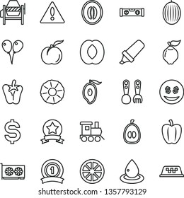 thin line vector icon set - warning vector, plastic fork spoons, baby toy train, colored air balloons, concrete mixer, building level, peper, ripe peach, quince, melon, half of mango, loquat, star