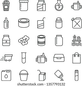thin line vector icon set - mug for feeding vector, measuring cup, bottle, powder, baby, e, packing of juice with a straw, bucket, drawer, package, canned goods, tin, popcorn, jam, jar, sea port