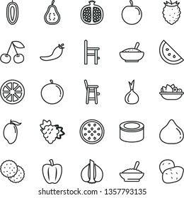 thin line vector icon set - a chair for feeding vector, child, canned goods, bowl of buckwheat porridge, rice, plate fruit, orange slice, biscuit, cherry, half pomegranate, branch grape, fig, mango