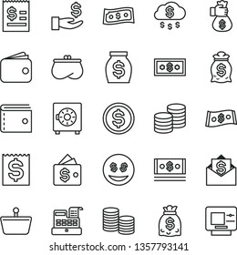 thin line vector icon set - purse vector, strongbox, coins, shopping basket, dollar, article on the, financial item, get a wage, wallet, money, dollars, cash, machine, bag hand, rain, eyes, mail
