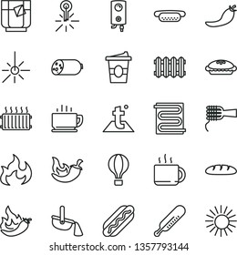 thin line vector icon set - mercury thermometer vector, heating coil, temperature, new radiator, boiler, coffee, sausage, loaf, Hot Dog, mini, noodles, pie, chili, cup of tea, coffe to go, a glass