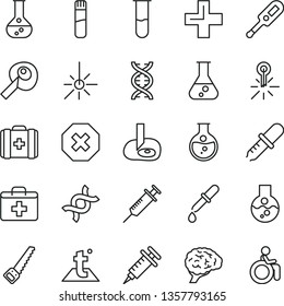 thin line vector icon set - mark of injury vector, first aid kit, plus, electronic thermometer e, medical bag, arm saw, temperature, round flask, mercury, outdoor, test tube, dna, brain, pipette