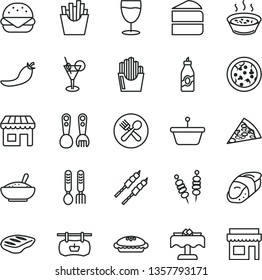 thin line vector icon set - plastic fork spoons vector, iron, fried vegetables on sticks, pizza, piece of, big burger, cake, pie, a bowl rice porridge, in saucepan, chop, barbecue, French fries, pan