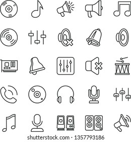 thin line vector icon set - bell vector, desktop microphone, loudspeaker, silent mode, drumroll, headphones, music, CD, regulator, no sound, phone call, megaphone, pc card, speaker, note, settings