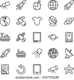 thin line vector icon set - counterclockwise vector, t short, earth, artificial satellite, planet, rocket, space, tablet pc, hdd, telescope, antenna, saturn, lunar rover, flag on moon, starfish