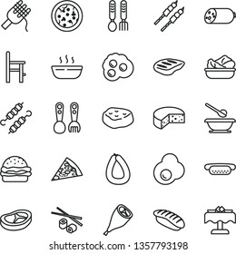 thin line vector icon set - plates and spoons vector, a chair for feeding, plastic fork, iron, sausage, stick of, cheese, pizza, piece, mini hot dog, burger, spaghetti, porridge, lettuce in plate