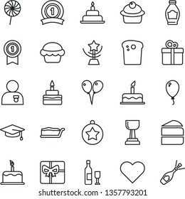 thin line vector icon set - colored air balloons vector, balloon, cake, birthday, heart, gift, Easter, muffin, piece of, slice, lollipop, bottle, giftbox, gold cup, star, man with medal, graduate