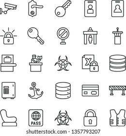 thin line vector icon set - prohibition vector, Baby chair, door knob, road fence, lock, key, anchor, passport, big data, reverse side of a bank card, encrypting, biohazard, airport tower, identity