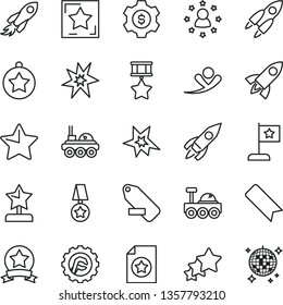 thin line vector icon set - bookmark vector, remove label, star gear, rocket, space, lunar rover, bang, reward, medal, flag, hero, ribbon, certificate, dollar, stars around man, three, flying