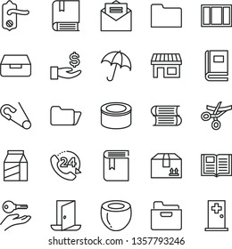 thin line vector icon set - book vector, open pin, e, books, window frame, door knob, received letter, umbrella, folder, drawer, cardboard box, 24, package, canned goods, half of coconut, stall