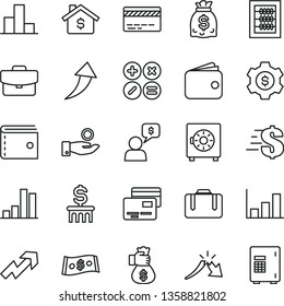 thin line vector icon set - bank card vector, purse, growth up, dollar, bar chart, new abacus, suitcase, strongbox, cards, math actions, a crisis, catch coin, wallet, dollars, graph, money bag hand