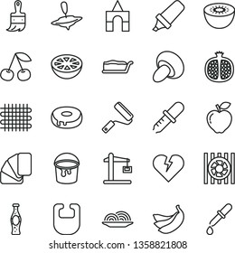 thin line vector icon set - bib vector, small yule, box of bricks, paint bucket, new roller, sample colour, wooden brush, broken heart, onion, porcini, cake slice, with a hole, bottle soda, cherry