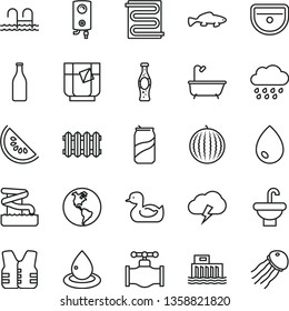 thin line vector icon set - rubber duck vector, rainy cloud, washbasin, sink, bath, heating coil, new radiator, boiler, drop, storm, small fish, a glass of tea, soda can, bottle, water melon, slice