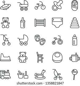 thin line vector icon set - baby cot vector, dummy, mug for feeding, bottle, measuring, diaper, bib, stroller, carriage, summer, sitting, stacking rings, roly poly doll, toy sand set, potty chair