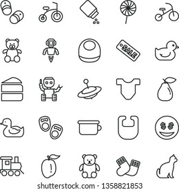 thin line vector icon set - baby powder vector, bib, Child T shirt, rubber duck, duckling, warm socks, children's potty, teddy bear, small, toy train, yule, bicycle, tricycle, piece of cake, pear