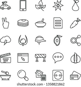 thin line vector icon set - movie cracker vector, deep plate with a spoon, helmet, estimate, traffic signal, magnifier, speech, storm cloud, smartphone, bowl of rice porridge, carrot, pear, pancakes