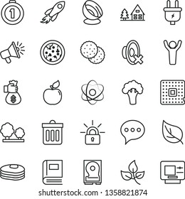 thin line vector icon set - silent mode vector, dust bin, speech, pizza, biscuit, pancakes, apricot, broccoli, leaves, leaf, plug, trees, processor, space rocket, loudspeaker, hdd, encrypting, atom