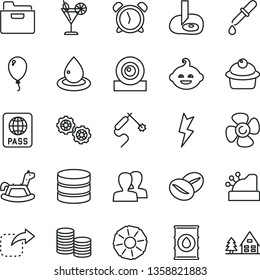 thin line vector icon set - alarm clock vector, women, funny hairdo, rocking horse, balloon, gears, lightning, passport, folder, move right, muffin, coffee beans, cocktail, slice of pineapple, oil