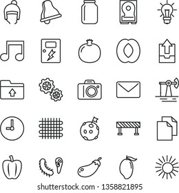thin line vector icon set - bell vector, camera, clean paper, upload archive data, folder, winter hat, dangers, road fence, wall clock, pomegranate, mango, half peach, pepper, eggplant, gears, jar