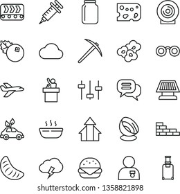 thin line vector icon set - brick wall vector, storm cloud, lens, piece of cheese, big burger, hot porridge, popcorn, blueberries, slice tangerine, conveyor, environmentally friendly transport, jar