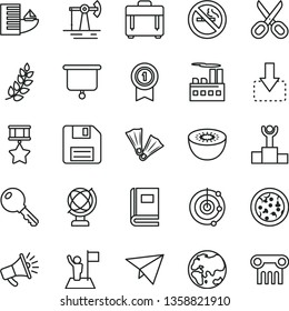 Thin Line Vector Icon Set - Floppy Disk Vector, Scissors, Key, Globe, Case, Move Down, Pizza, Kiwi, Working Oil Derrick, Planet, Industrial Building, Horn, Book, Radar, Presentation Board, Hero