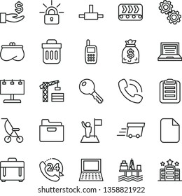 thin line vector icon set - laptop vector, summer stroller, tower crane, key, case, folder, 24, commercial seaport, conveyor, billboard with illumination, get a wage, purse, dollars, phone call