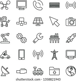 thin line vector icon set - repair key vector, monitor, camera, upload folder, smartphone, phone call, solar panel, power line, industrial enterprise, eco car, assembly robot, space rocket, keyboard