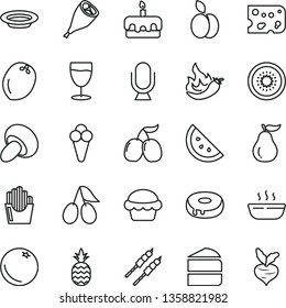 thin line vector icon set - microphone vector, piece of cheese, porcini, cake, torte, with a hole, hot porridge, plate, grill chicken leg, barbecue, fried potato slices, glass, cone, pineapple, beet