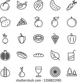 thin line vector icon set - vector e, loaf, piece of pizza, chili, beet, japanese sushi, glass, strawberries, peach, ripe, half pomegranate, large grape, quince, tangerine, slice, orange, grapefruit