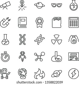 thin line vector icon set - planet vector, round flask, mercury thermometer, sd card, telescope, molecule, glasses, nuclear, dna, bactery, book, globe, magnet, flame, calculator, medal, robot