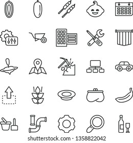 thin line vector icon set - motor vehicle vector, toy sand set, funny hairdo, small yule, building trolley, tools, city block, map, move up, a plate of milk, barbecue, mint, date fruit, sweet, purse