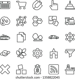 thin line vector icon set - clean paper vector, cross, rss feed, cubes for children, box of bricks, birthday cake, Puzzles, cogwheel, index finger, omelette, honeycombs, trees, horseshoe magnet