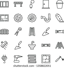 thin line vector icon set - hook vector, trowel, building, window frame, adjustable wrench, cordless drill, bucket, stepladder, ladder, washbasin, sewerage, laying out, lay of flat, ntrance door